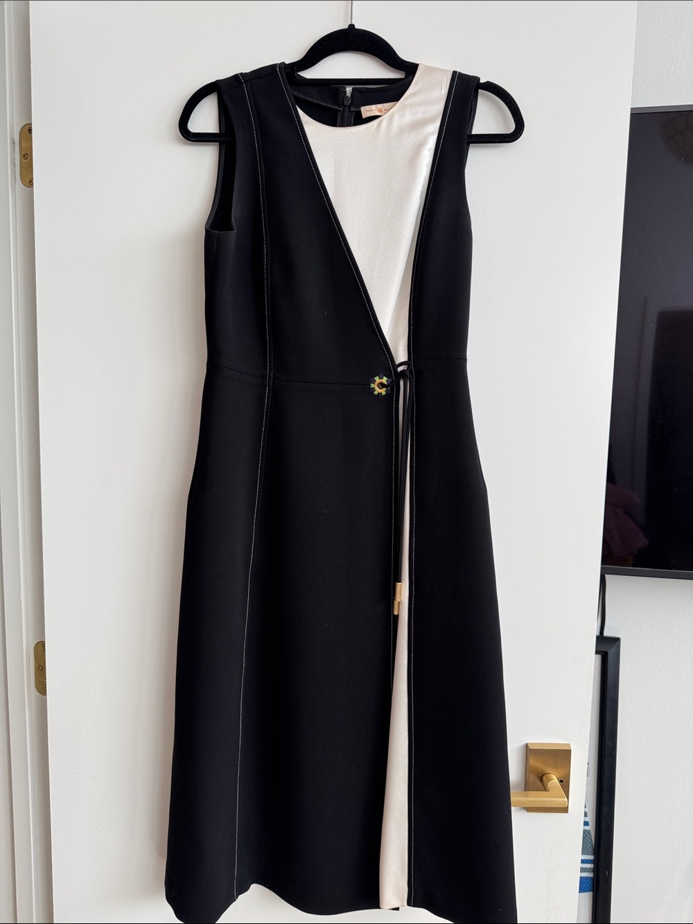 Tory Burch Black and White Sleeveless Wrap-Front Midi Dress